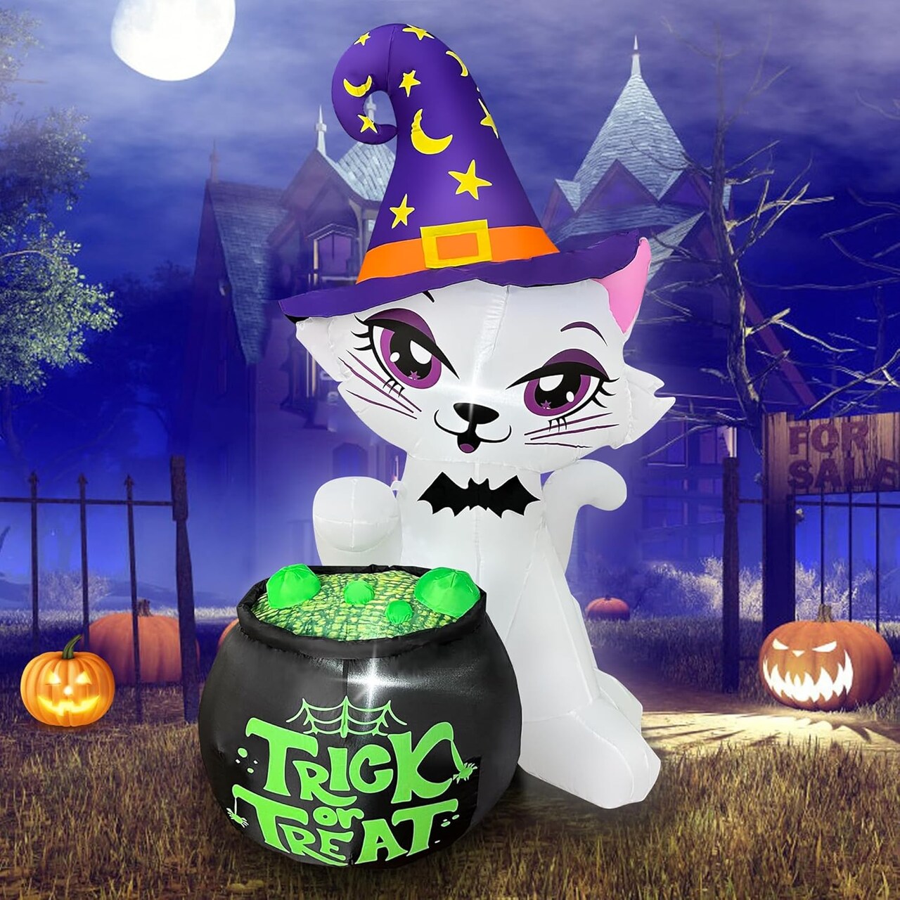 5Ft Halloween Inflatables Cat with Witch Cauldron Decoration(White+Purple)